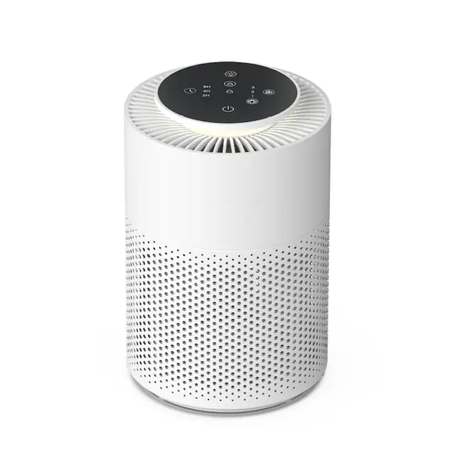 Purificator de aer, Rqiurpn, Filtru 3 in 1 HEPA H13, Carbon Activ, Pre-filtru, Anti-Praf, Anti-Bacterii, Iluminare Ambientala, Touch Screen, 12V 2A, 6W, Temporizator, Oprire automata, Portabil, Alb