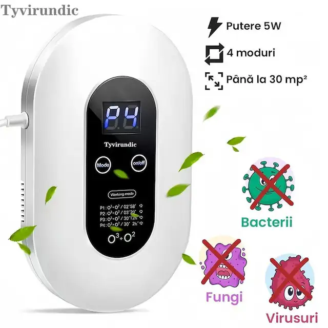 Purificator de aer Tyvirundic, 5W, 100mg/h ozon, 4 moduri de operare, alb, pentru incaperi pana la 30 m²