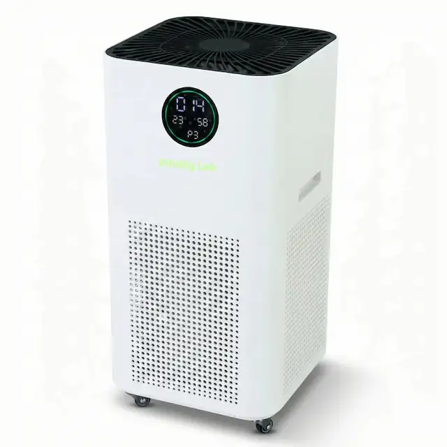 Purificator aer Vitality Lab Vortex, 120 m², CADR 800 m³ h, senzor PM2.5, sterilizare duala UV-C + O3, filtrare HEPA si TVOC carbon activ, ionizare 100 milioane ioni/secunda, senzor umiditate si temperatura, control inteligent smart WiFi iOS/Android