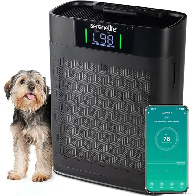 Purificator de aer SereneLife, cu filtru de aer HEPA, pentru uz casnic — impotriva mucegaiului, prafului, mirosurilor si matretii de animale, pentru persoanele care sufera de alergii, destinat incaperilor de pana la 100 m², cu control prin aplicatie, 20db
