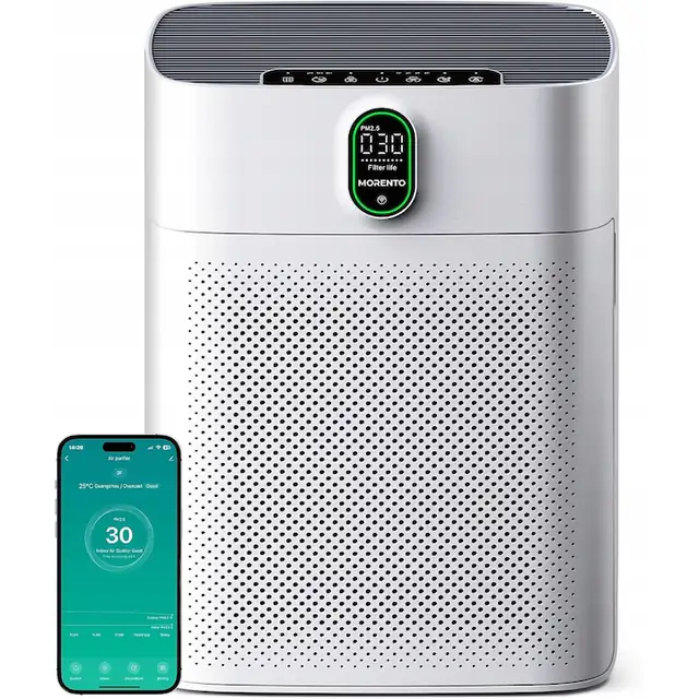 Purificator de aer WiFi HEPA, MORENTO, pentru incaperi pana la 100m², control vocal Alexa si Google, mod silentios