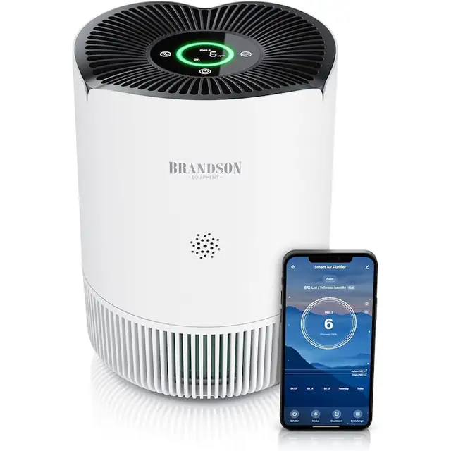 Purificator aer Brandson 50 m², WiFi, filtru HEPA H13 + carbon activ, CADR 158 m³/h, 4 etape filtrare, pentru alergii, praf, polen, fum, control aplicatie