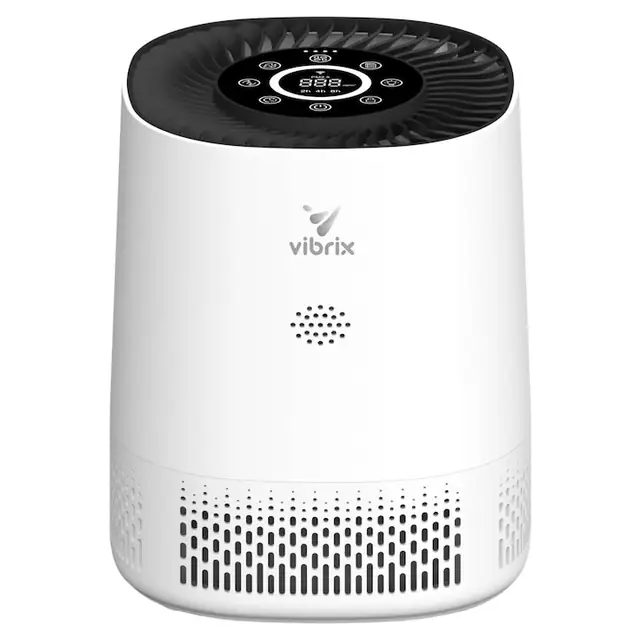Purificator de aer Vibrix PureFlow15 pentru persoanele alergice, in 6 trepte cu HEPA H13 si carbune activat, elimina 99, 95% praful, polenul si parul de animale, CADR 100 m3/h, silentios 25-50 dB, modul sleep, aplicatie si WiFi, USB-C, CE