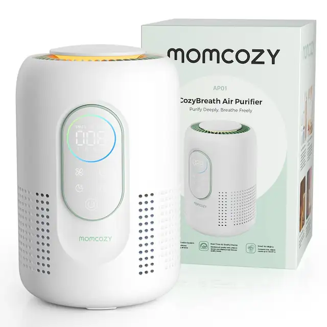Purificator de aer pentru copii Momcozy, sistem cu 4 filtre cu H13 HEPA si filtru de carbune activat, monitorizare in timp real a calitatii aerului PM2.5 si afisaj cu 3 stari de culoare, mod Sleep 21dB
