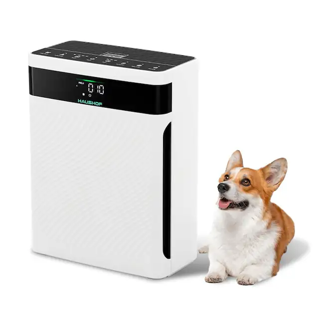 Purificatorul de aer HAUSHOF pentru persoanele alergice cu filtru de aer HEPA elimina 99, 97% particule precum praful, polenul, parul de animale, CADR 250 m3/h, afisaj LED PM2.5, cu modul animal de companie, modul somn 30dB, aromoterapie