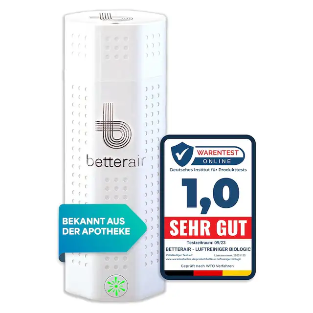 purificator de aer betterair® pentru persoanele alergice [SILENT], incl. aplicatie si sticla cu probiotice, curatare cu probiotice cu purificator de aer de pana la 50 mp pentru polen si acarieni pentru un somn odihnitor