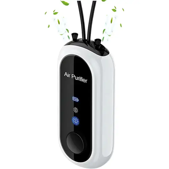 Purificator de aer purtabil, generator de ioni negativi, purificare eficienta a fumului si mirosurilor, alb, set cu cablu de incarcare Type-C si geanta de transport.