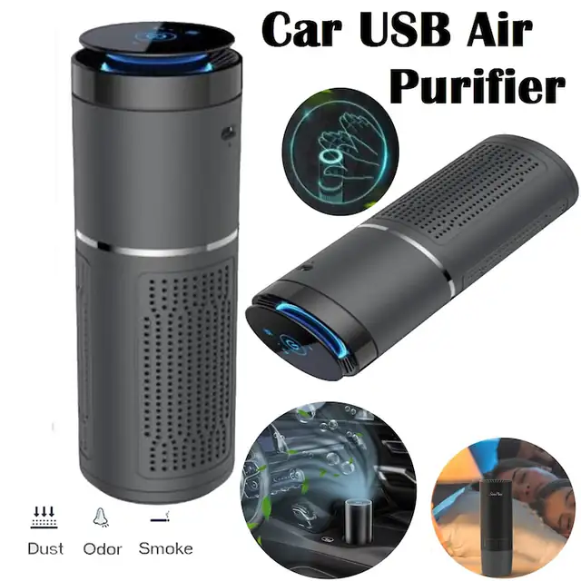 Purificator de aer auto, H13 HEPA, negru, 68x168mm, set cu cablu USB