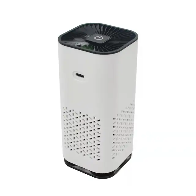 Purificator de aer portabil, negru, 60x60x130mm, eficienta 200m³/h, pentru eliminarea mirosurilor si a particulelor.