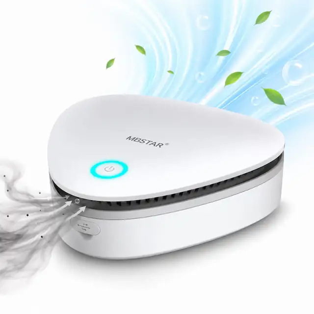 Purificator de aer Mini MBSTAR®, Cu ozon O3, Portabil USB, Neutralizator mirosuri animale, Litiera, Masina, Frigider, Pantofar, Dulap, Autonomie 13 zile, Incarcare 2 ore, Consum 3W, Spatii 15-30 mp, Alb