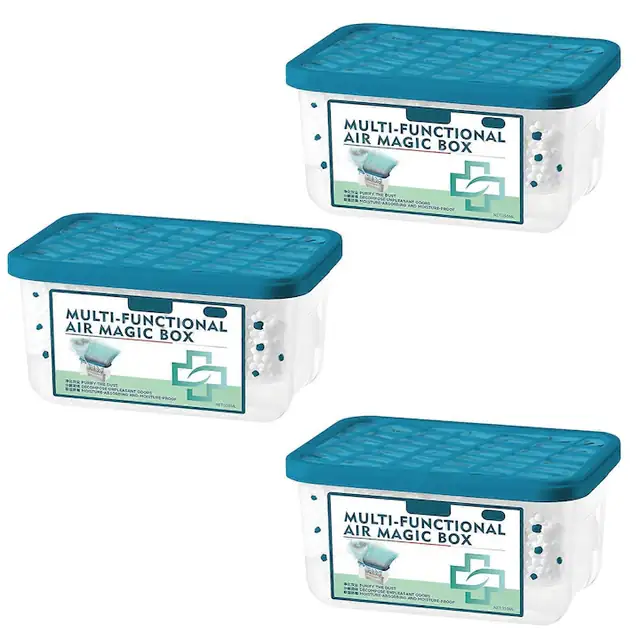 Set 3 Cutii purificatoare de aer multi-functionale Air Magic Box, pe baza de plante, absoarbe umezeala si mirosuri, alb/albastru, 3 x 350ml