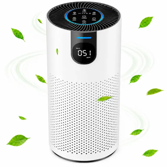 Purificator de aer AirBliss® Sense, Filtru HEPA H13 3 in 1, Carbon Activ, Anti-Praf, Anti-Bacterii, Senzor PM2.5/Indicator Calitate Aer in Timp Real, Display LED, Touch Screen, Flux 360°, 4 Viteze, Mod Auto, Sleep, Timer 1-24H, Portabil, Silentios, Alb