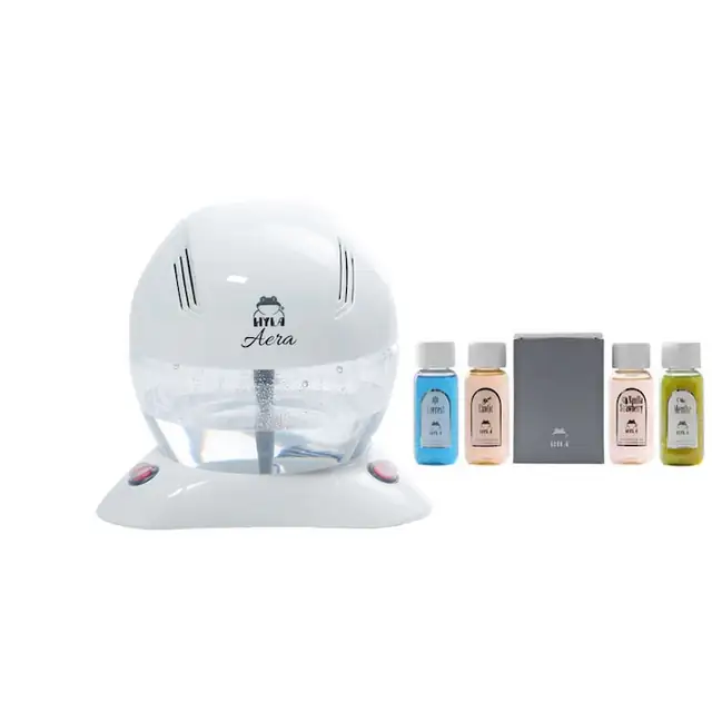 Purificator de aer ecologic pe baza de apa Hyla Aera, lampa LED in 7 culori, 13W, Alb + Set uleuri aromatice naturale Hyla 4 X 90 ml, Everest, Exotic, Vanilie cu capsuni, Menta