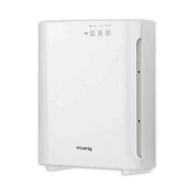 Purificator de aer H.Koenig, PureAir+, filtru carbune activ si filtru HEPA, functie ionizare si UV, elimina pana la 99.97% din particule si alergeni, 5 moduri purificare, alb