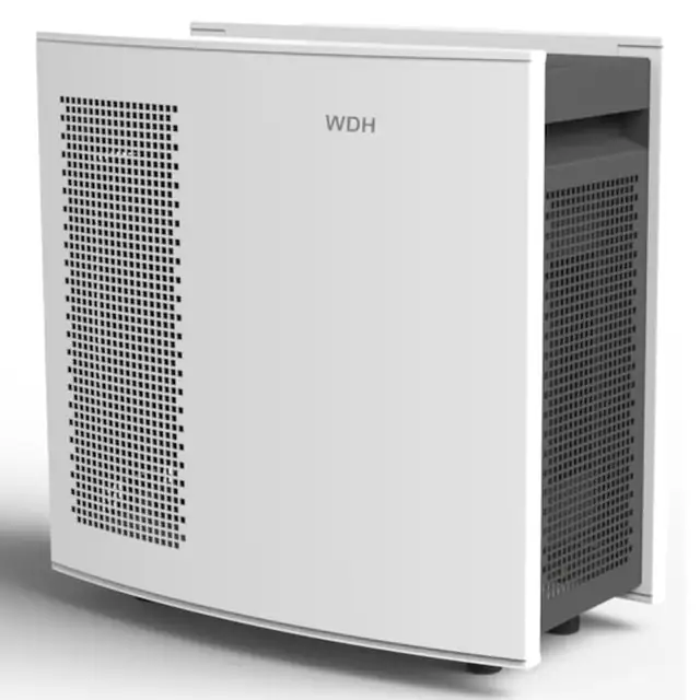 Purificator aer profesional WDH Germany, ionizare, prefiltru, carbune activ, HEPA, ESP, 25W, 30m², 150m³/h, LCD Touch, Alb/Gri