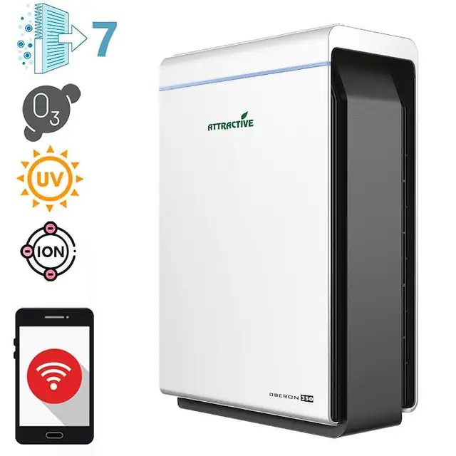 Purificator de aer Attractive Oberon 350, pana la 65 m2, sistem de purificare in 7 etape, WiFi, lampa UV, ionizator, alb