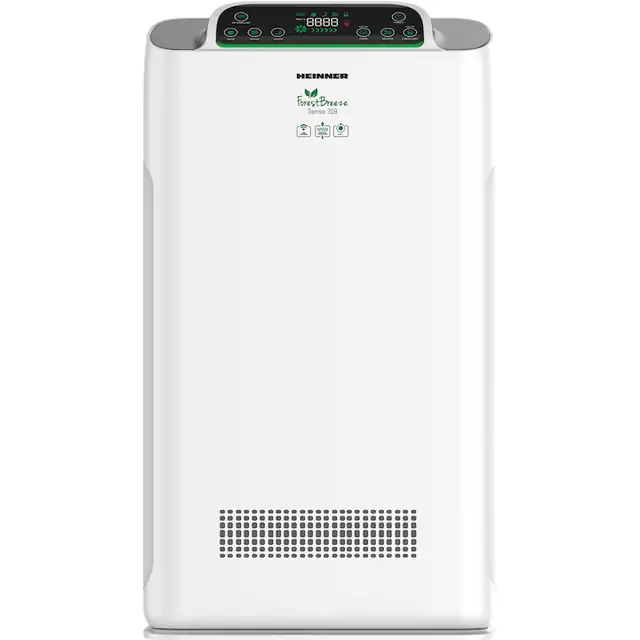 Purificator de aer Heinner HPA-318WIFI, CADR 318m³/h, 38 m², Control tactil cu display, Control WIFI, telecomanda, filtru HEPA H11, Generator ioni negativi, Senzor PM 2.5, Verde/Galben/Rosu