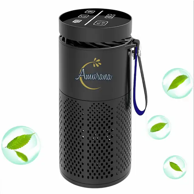 Purificator aer auto portabil, Amurana, Filtru HEPA, Carbune activ, Retine particulele 2.5 PM, Ionizare negativa, Touch screen LED, 3 trepte filtrare, Afisaj temperatura, Elimina mirosurile, Polenul, Fumul, Praful, Acoperire 10m2, USB C, Negru