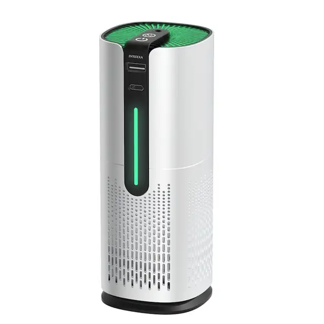Purificator de Aer INTEXXA® pentru Auto, Filtru True HEPA si Carbune Activ, Ionizare, Senzor de calitate aer, Elimina Mirosurile, Polenul, Fumul, Noxele, Praful din masina, Acoperire 10m3, Portabil, USB tip-C, Argintiu