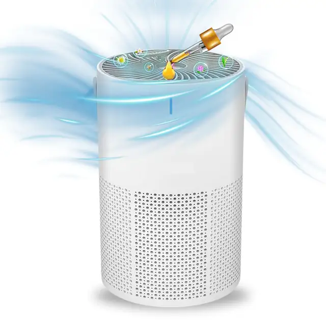 Purificator de Aer si Difuzor Uleiuri Esentiale 2in1 Premium, Filtru True HEPA si Carbune Activ, Functie Ionizare, Aromaterapie, Sistem de Purificare cu 5 Straturi, Ultra Silentios, Pentru Suprafete de Pana la 30MP
