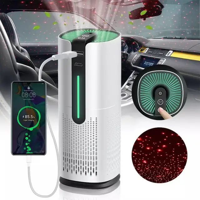 Purificator de aer BALQRA®, Ideal pentru masina casa birou, USB tip C, Senzor de monitorizare a calitatii aerului, Elimina mirosurile neplacute, Filtru HEPA cu 3 niveluri si Carbon, Ionizare, Argintiu, Air purifier