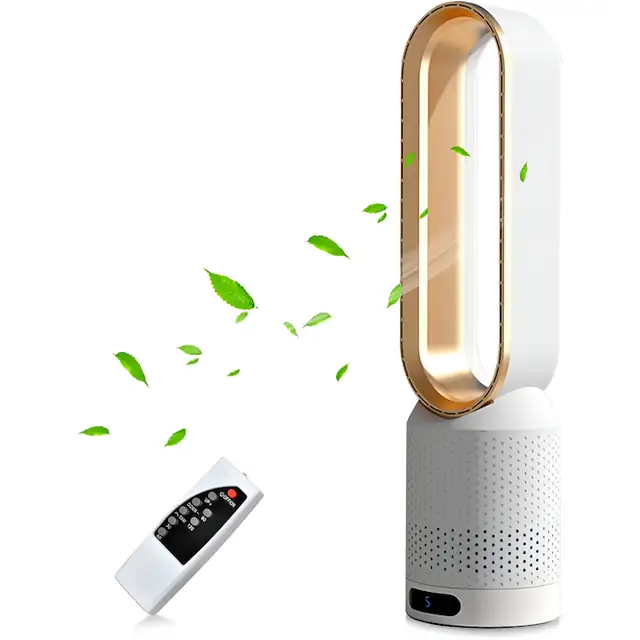 Purificator de aer cu ventilator fara pale, Fudisenn®, ioni negativi, telecomanda, 20 inchi, auriu/alb