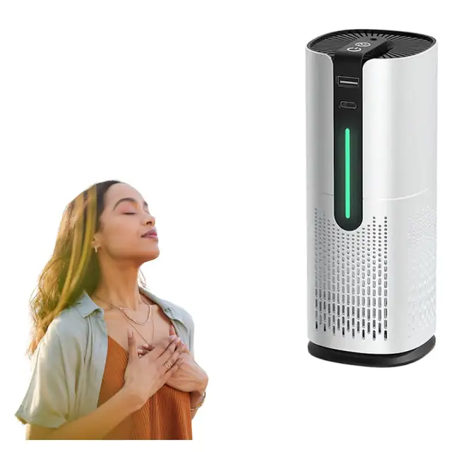Purificator de Aer portabil, Doerr, Filtru True HEPA si Carbune Activ inclus, Ionizare, Senzor de calitate aer, Acoperire pana in 10m3, USB tip-C, Alb