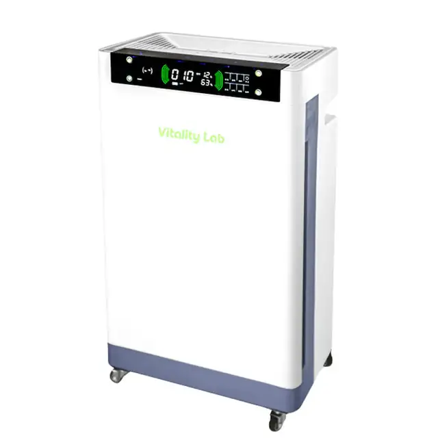 Purificator aer Vitality Lab™ Pure Flow, 80 m², CADR 600 m³/h, senzor PM2.5, dezodorizare cu ozon, sterilizare duala UV-C + O3, filtrare HEPA si TVOC carbon activ, ionizare 100 milioane ioni/secunda, higrometru si termometru, control inteligent smart WiFi
