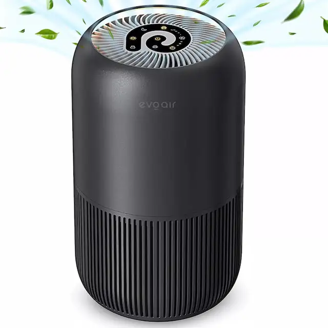 Purificator de aer Evoair, YuvoSpin, Lampa UV-C, Filtru 3in1, True Hepa, Carbon Activ, Pre-filtru, 4 viteze, Functie Polen/Animale, Mod Noapte, Blocare Ecran, Lumina Ambientala, Negru