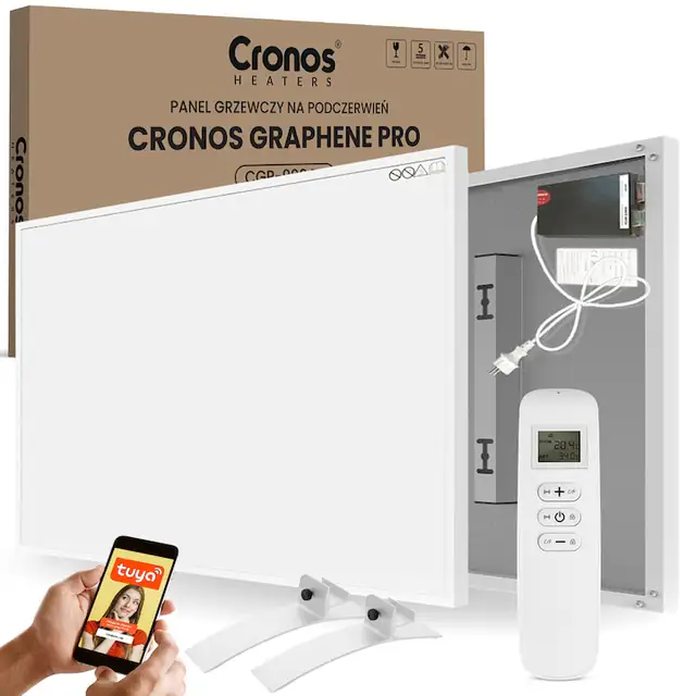 Panou radiant Cronos Graphene PRO alb 120,5x75,5cm 900W set cu picioare argintii