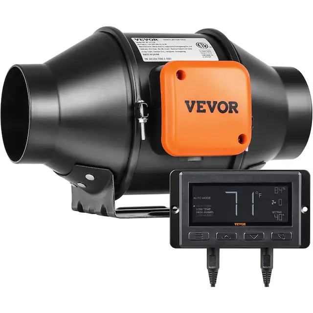 Ventilator de tubulatura pentru evacuare aer, cu controler de temperatura si umiditate, 205 CFM, 21 W, motor EC, 220m³/h, pentru racire, corturi de crestere, hidroponie, Vevor