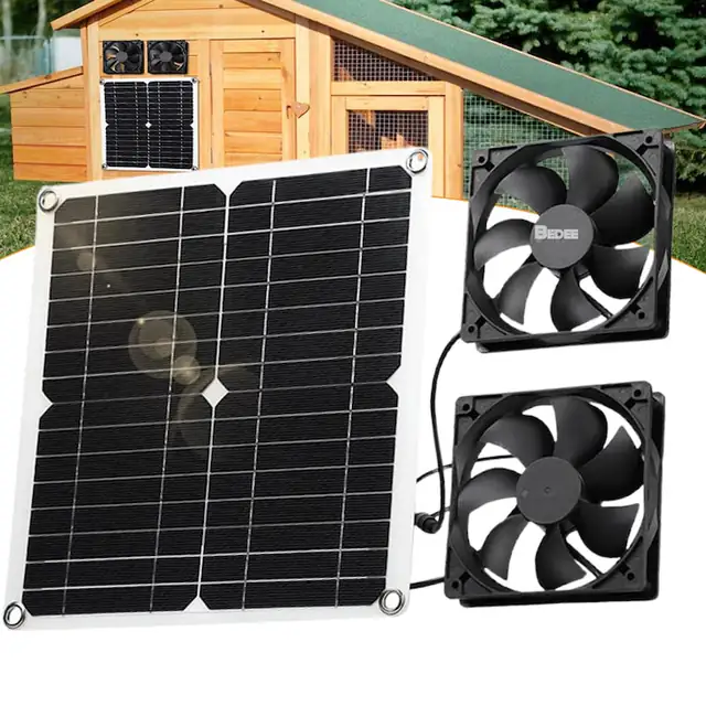 Ventilator de evacuare solar, Bedee®, Un ventilator de evacuare silentios,12W,2 ventilatoare, Ventilator solar pentru exterior, montare perete, ventilare pentru bucatarie, sera, adapost pentru animale