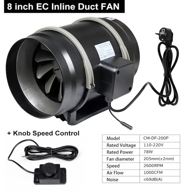 Ventilator de tubulatura inline, EC 20 cm, Debit de aer ridicat, Pentru cort de cultura, Ventilatie interioara, Galben deschis